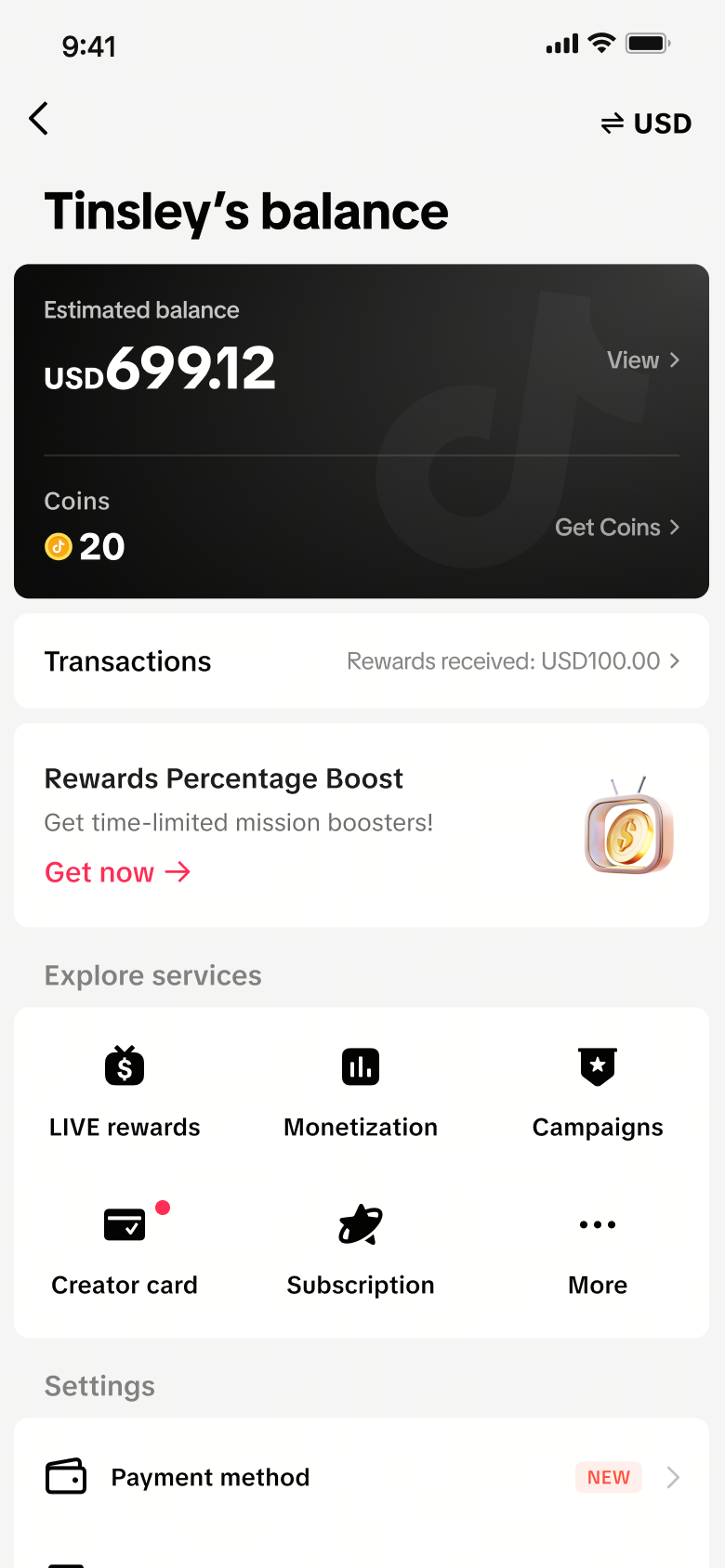 Creator Card entry in Creator Balance