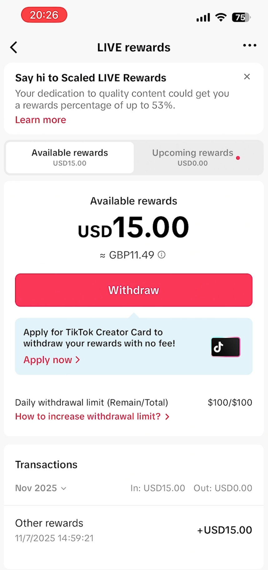 Creator Card entry in LIVE rewards