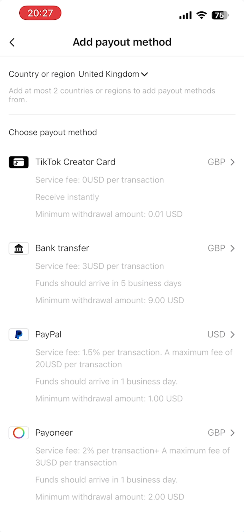 Creator Card in payout method selection