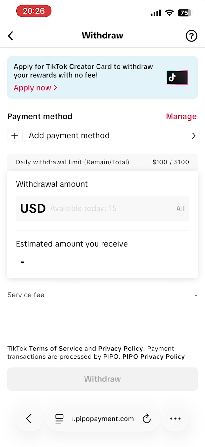 Creator Card withdrawal entry