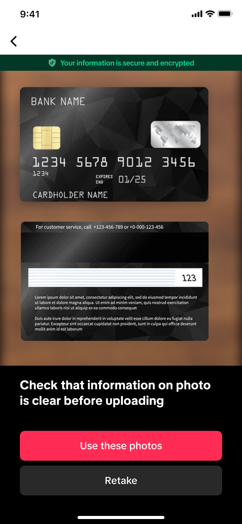 Card ownership appeal review screen before upload