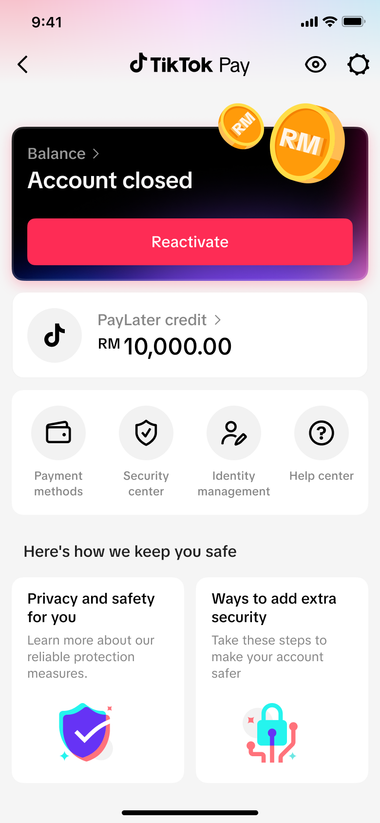 重新启用 TikTok Pay 账户的入口