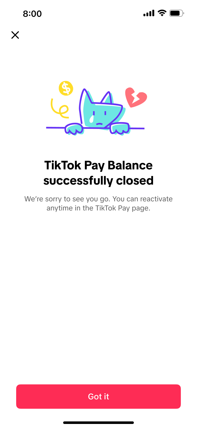 TikTok Pay 账户关闭成功页面