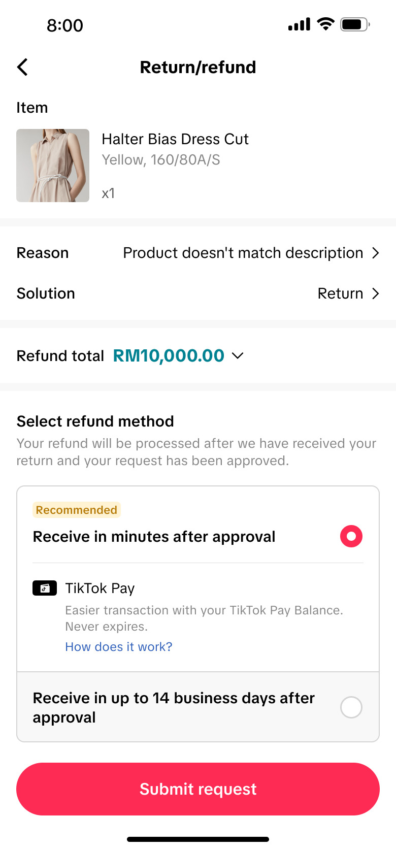 退款至 TikTok Pay 被选中