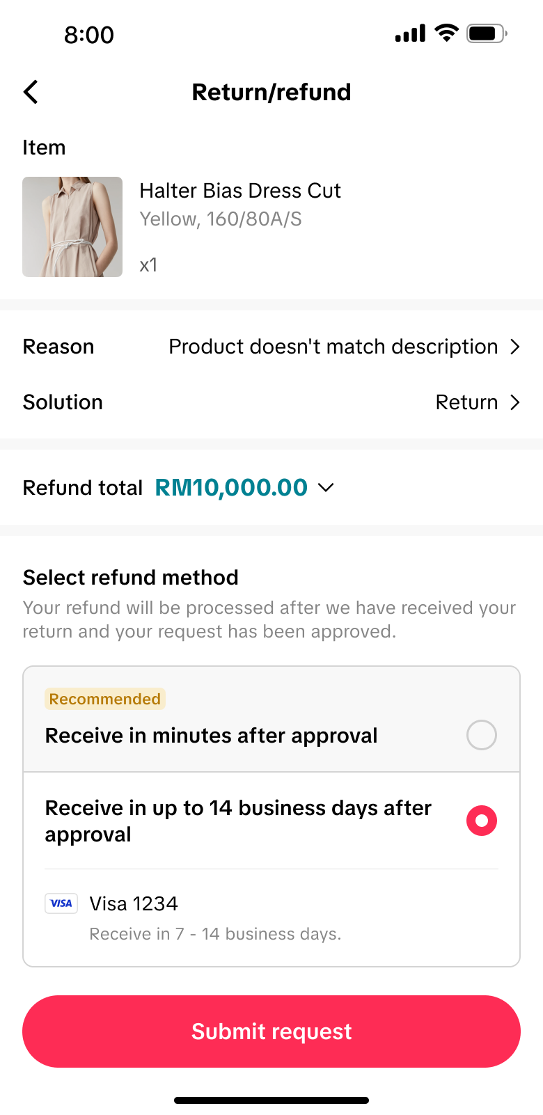 TikTok Pay refund method selection