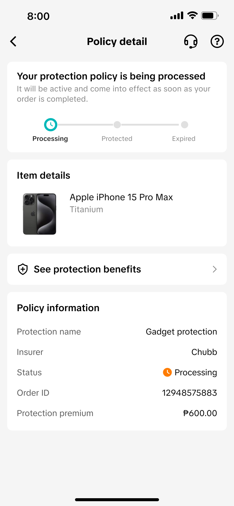 订单进行中时 Gadget protection 保单正在处理,暂不可理赔