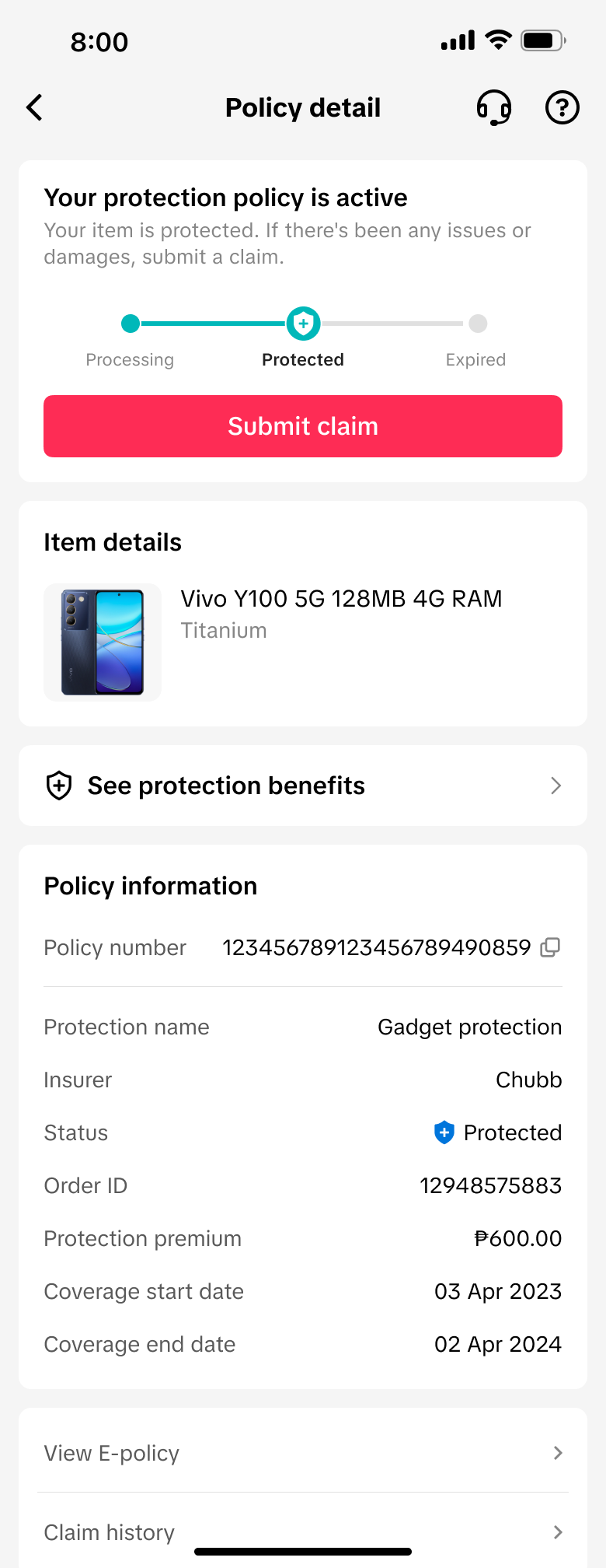 Gadget protection 已生效并展示 Submit claim 理赔入口