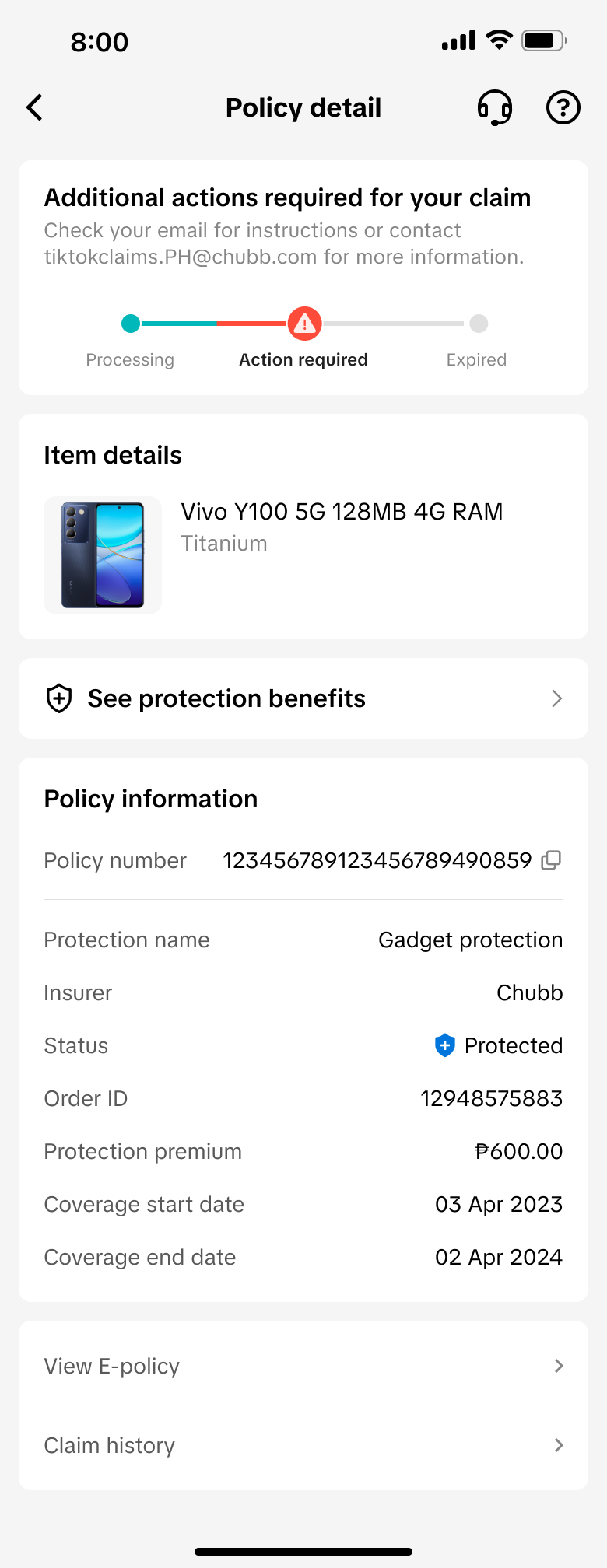 理赔材料不足,需要用户补充额外材料的 Action required 状态