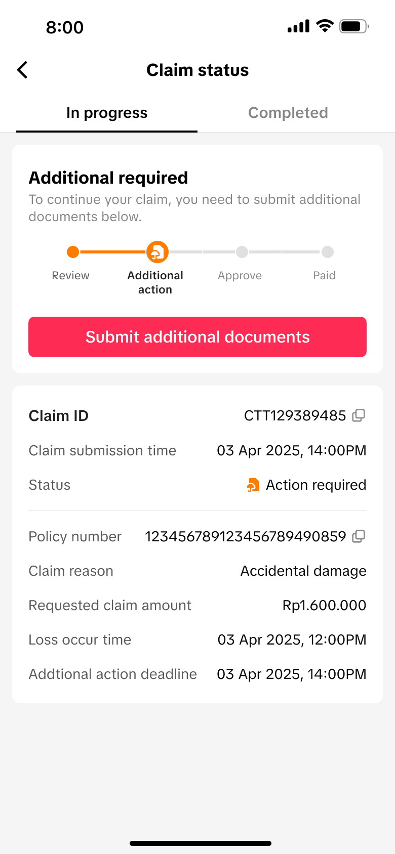 Claim status 需要补充材料页面，展示操作按钮和截止时间