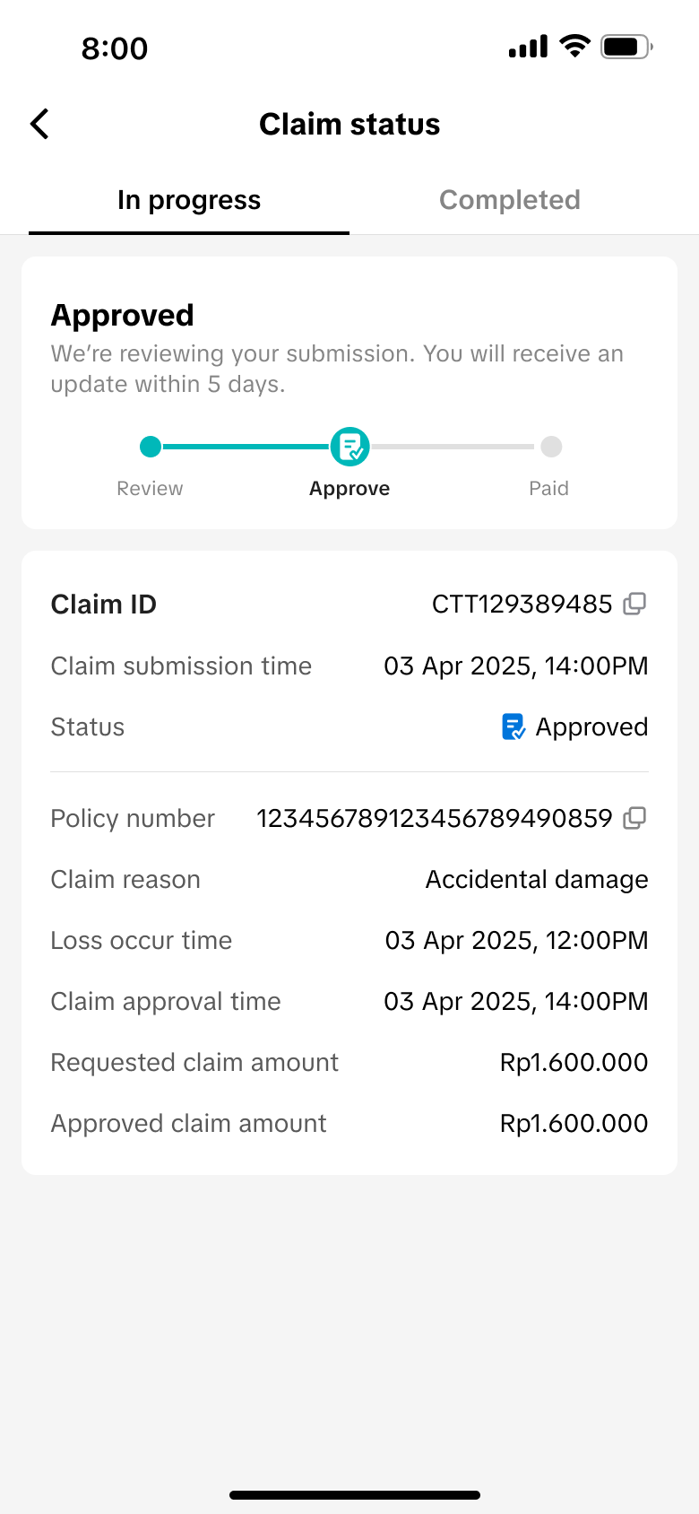 Claim status 理赔获批页面，展示核准时间和金额