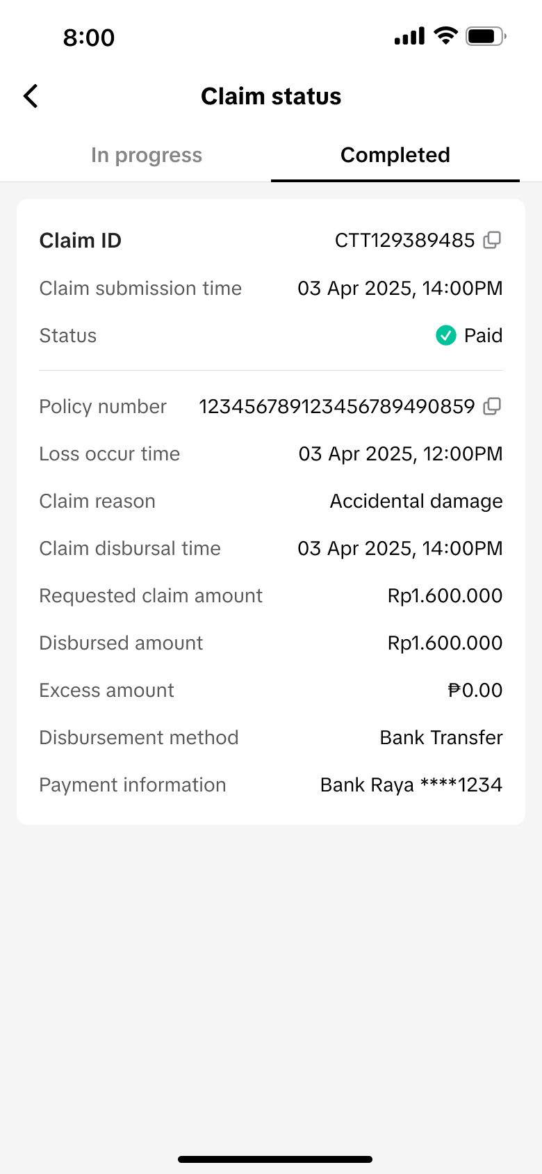 Claim status 已付款页面，展示实际付款金额、方式和脱敏账户