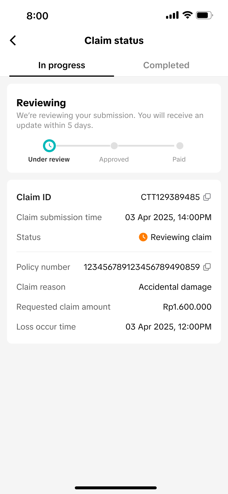 Claim status 理赔审核中页面，展示审核阶段和五天更新预期