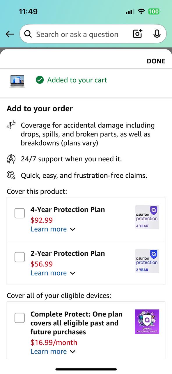 Amazon 加购后的保障详情界面