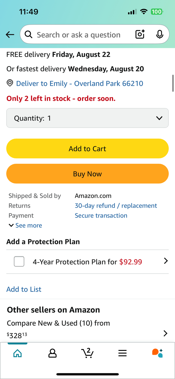 Amazon 商品页中的 Protection Plan 入口