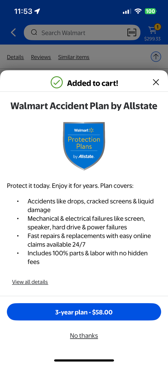 Walmart 保障计划加购弹窗