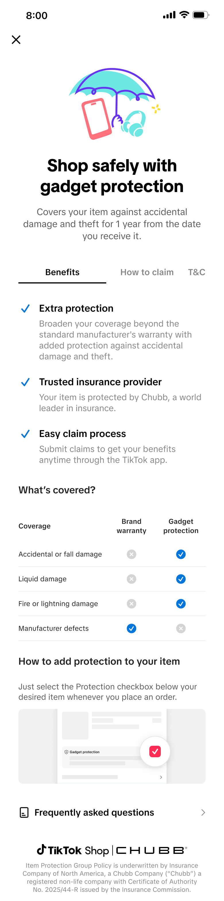 Gadget protection Learn more 页面中的 Benefits 保障权益详情