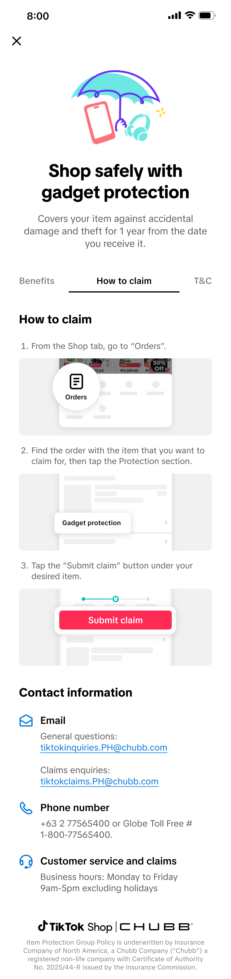 Gadget protection Learn more 页面中的 How to claim 理赔步骤