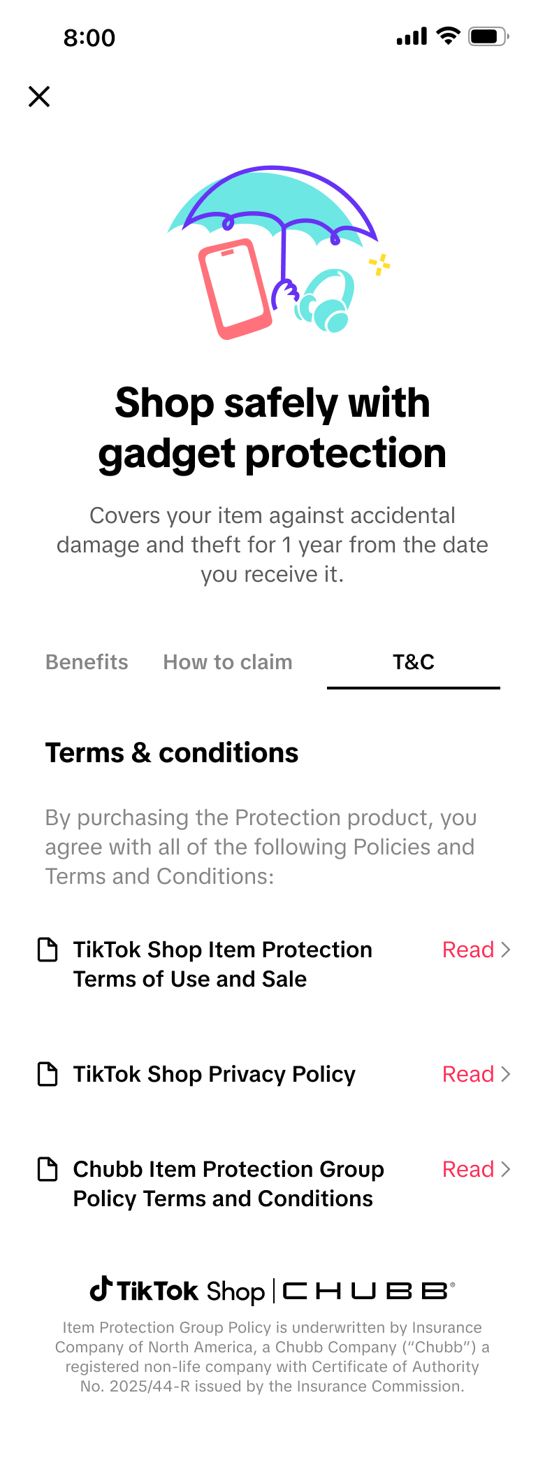 Gadget protection Learn more 页面中的 Terms and Conditions 条款入口