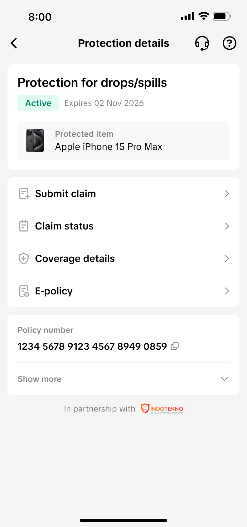 保障有效时的新版 Protection details，顶部展示 Active 和到期日并集中四项操作