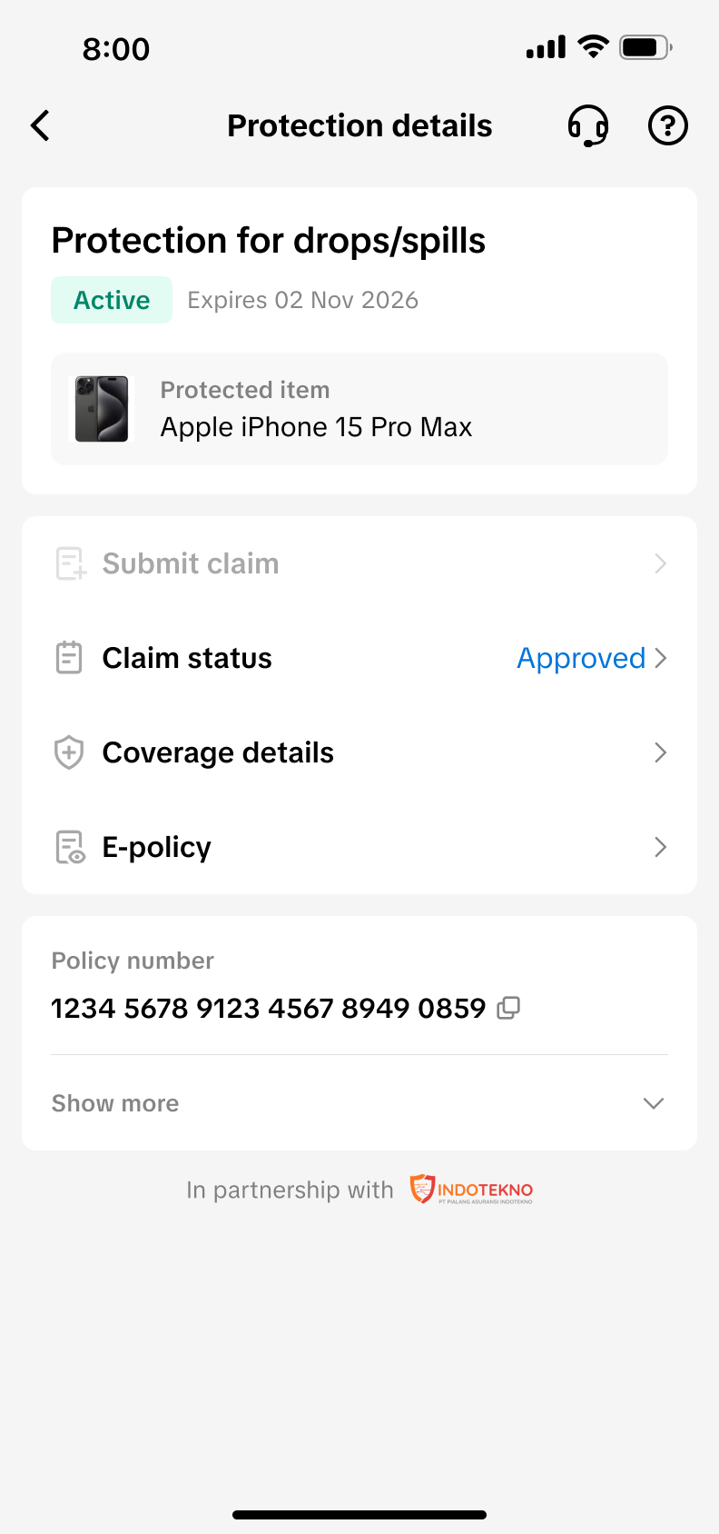 新版保单页显示 Claim status Approved