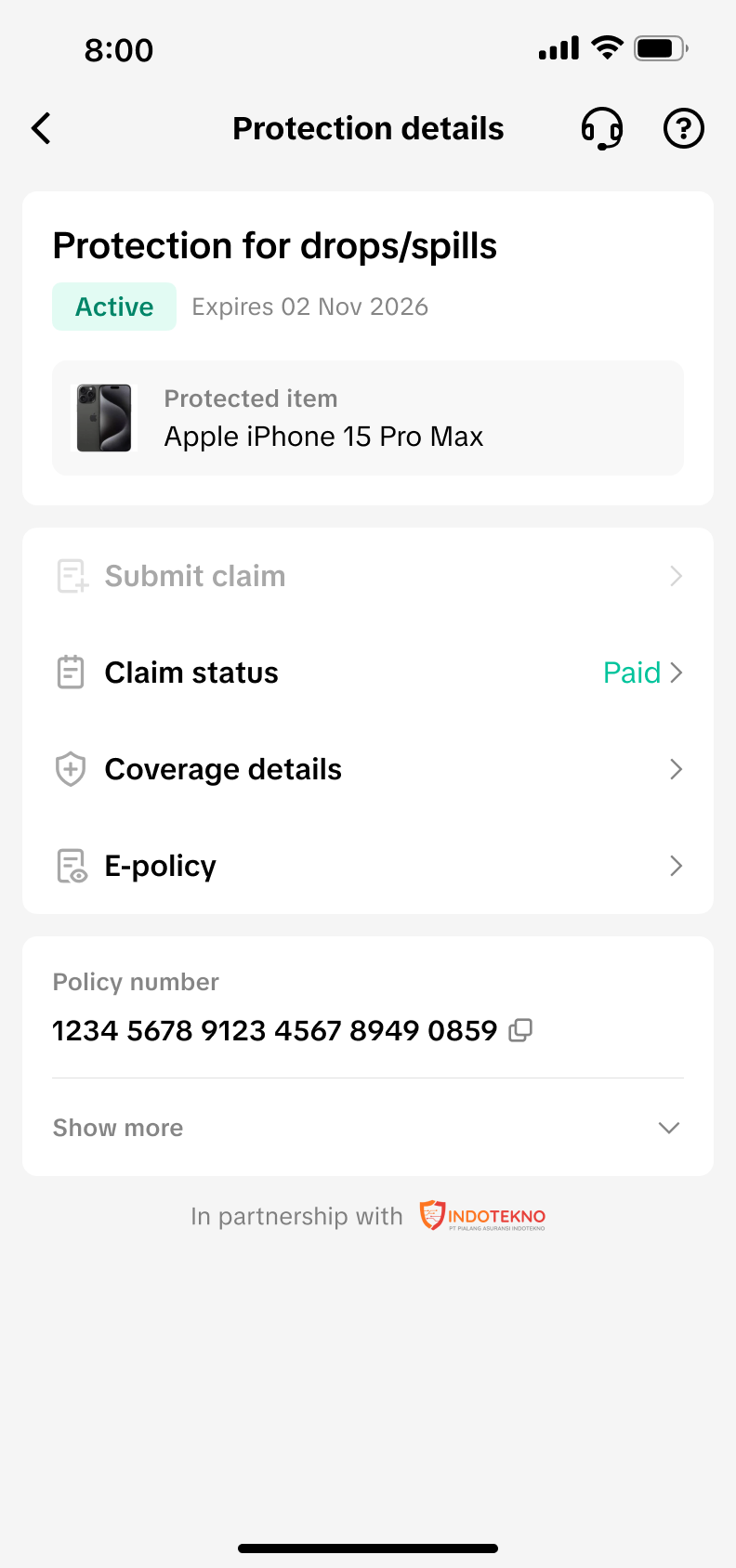 Paid claim shown separately from the active policy state