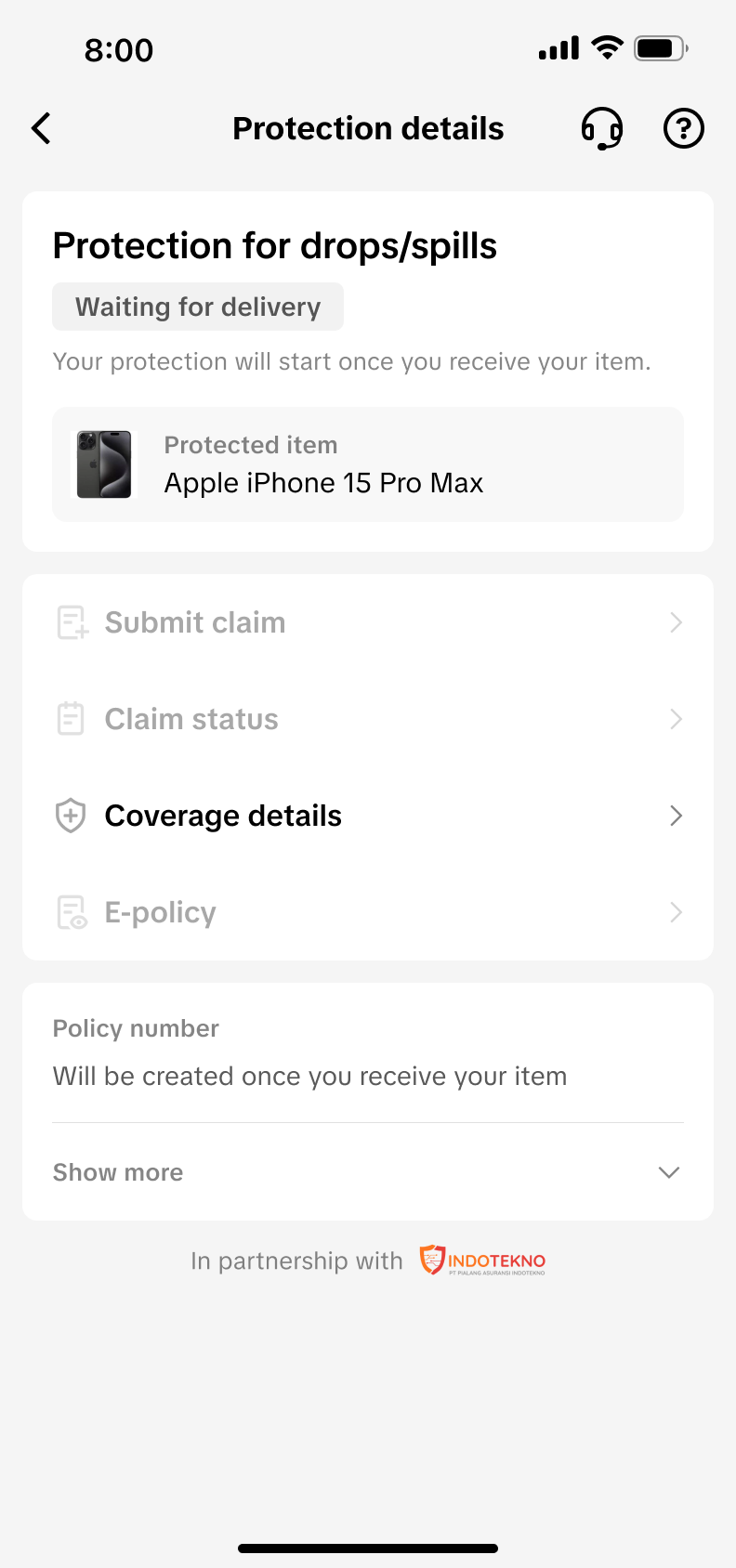 待收货阶段的新版 Protection details，说明签收后生效并禁用暂不可用的理赔操作