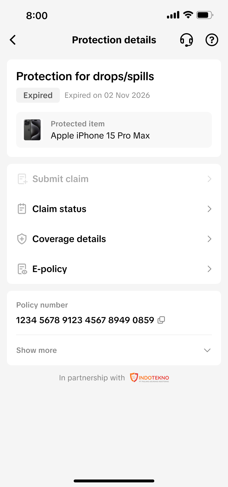 保障到期时的新版 Protection details，展示到期日、禁用提交理赔并保留历史入口