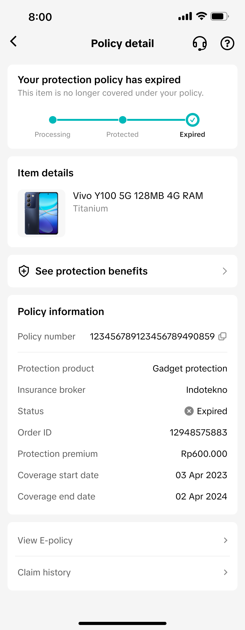 保障到期时的旧版 Policy detail，以完整生命周期和密集保单信息呈现