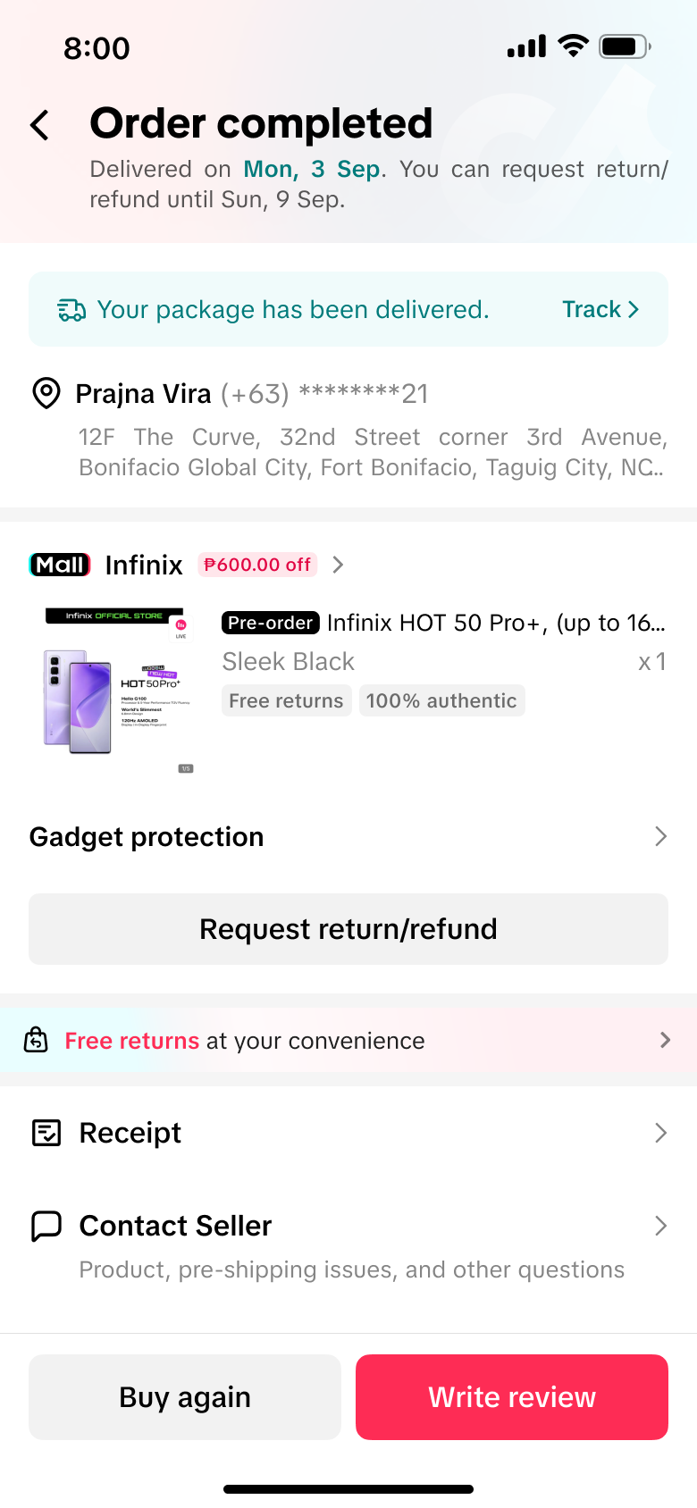 TikTok Shop 已完成订单详情页中的 Gadget protection 入口