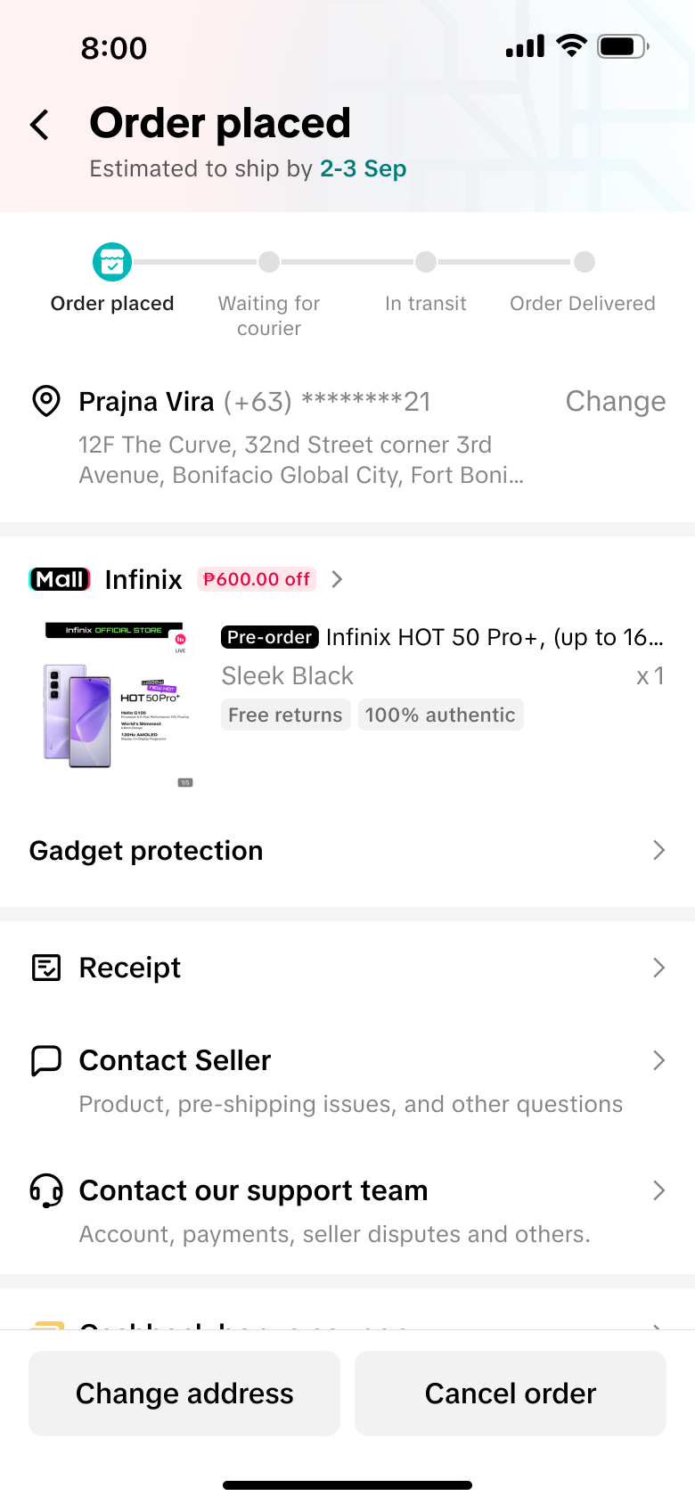 TikTok Shop 刚下单后的订单详情页，其中保留 Gadget protection 入口