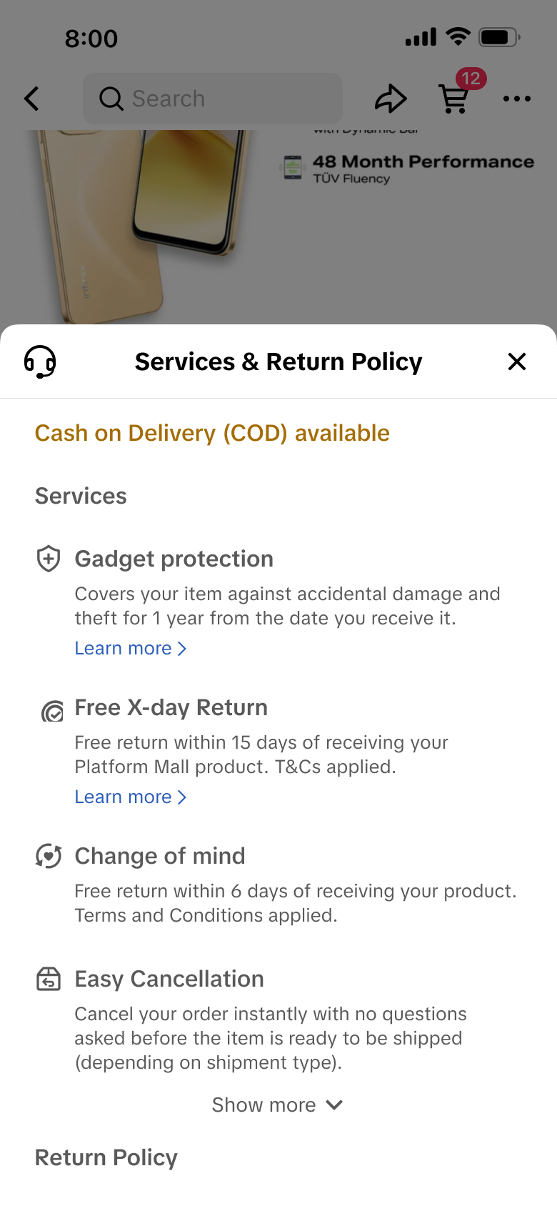 TikTok Shop Services and Return Policy Bottom Sheet 中的保险详情