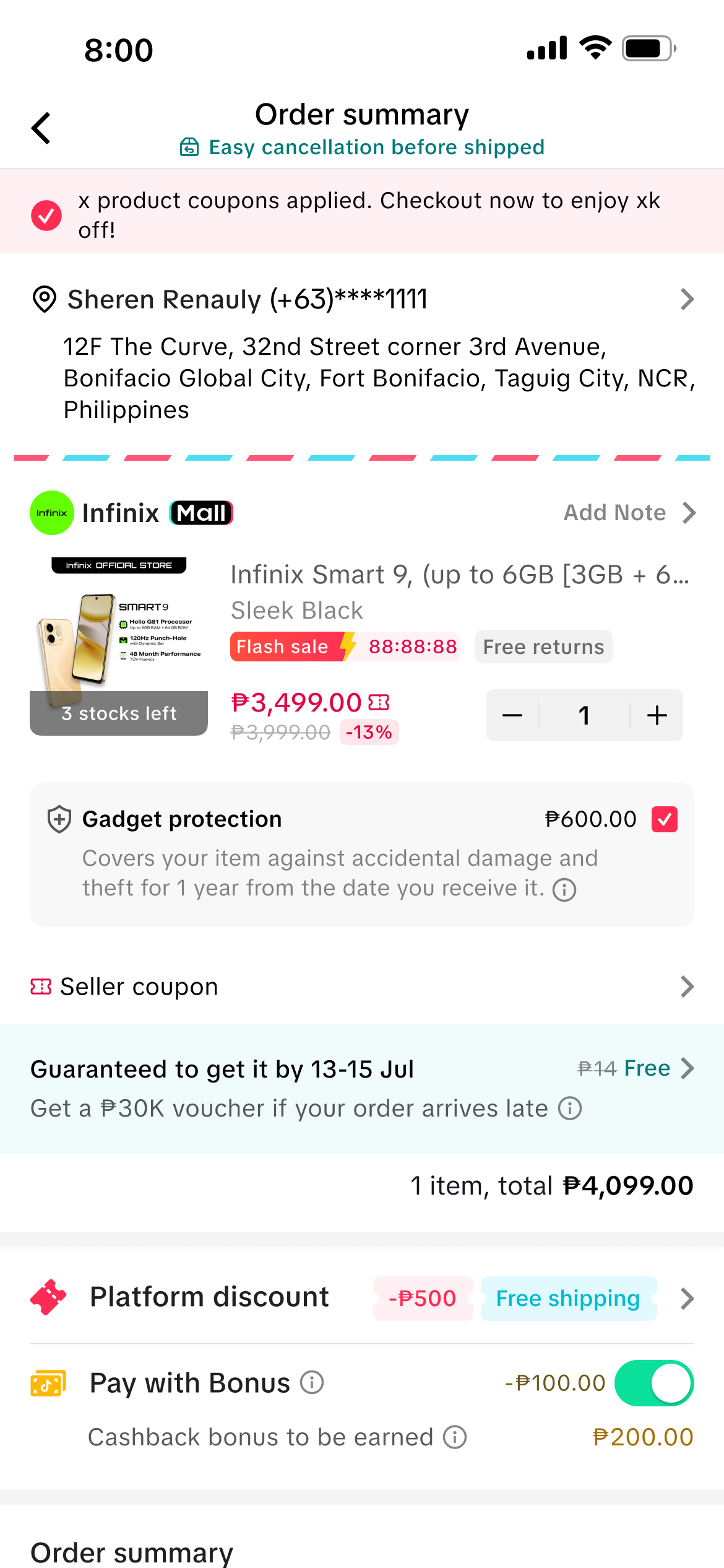 TikTok Shop Checkout 页面中已选择的 Gadget protection 保险方案
