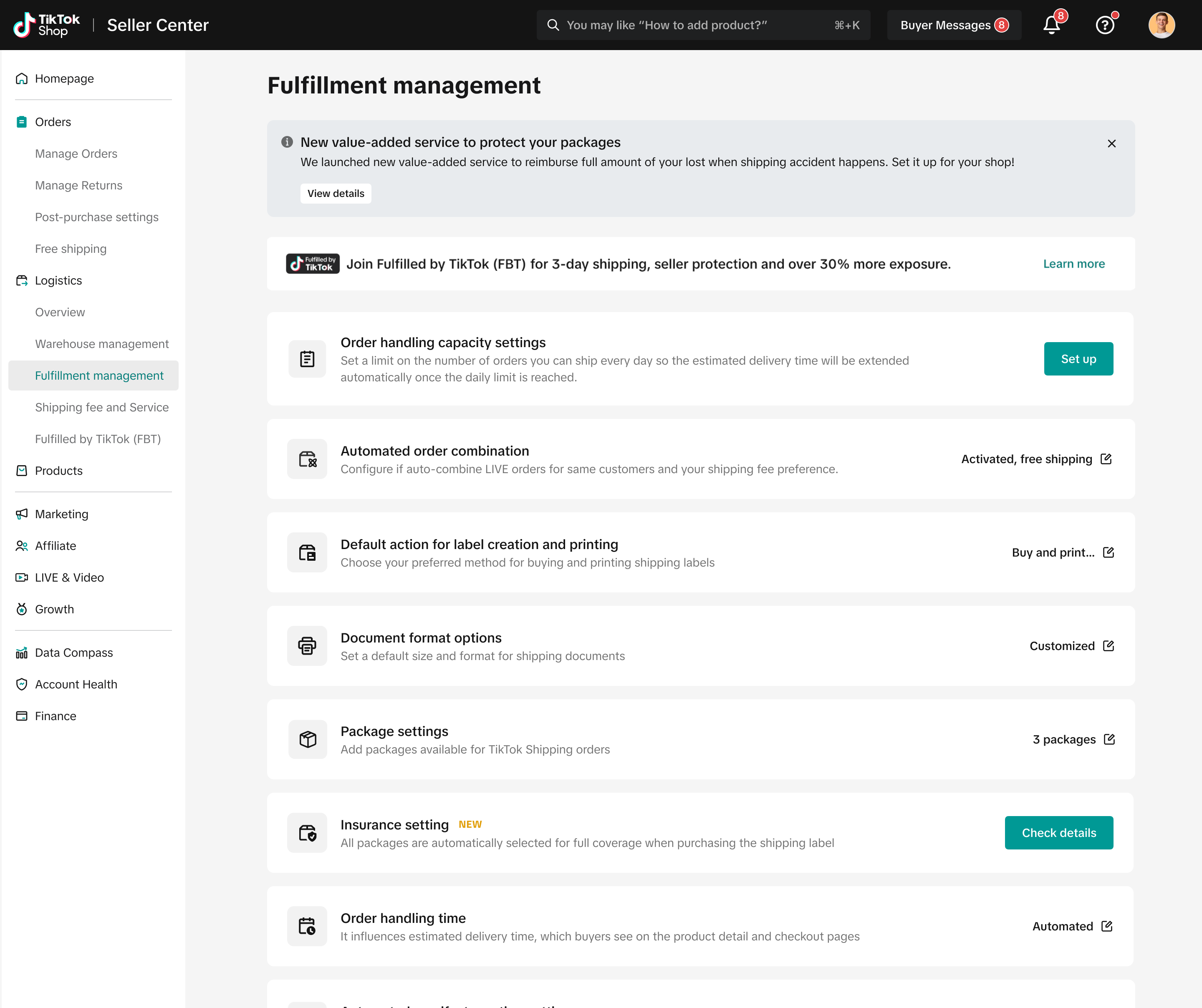 TikTok Shop Seller Center Fulfilment management 页面中的 Insurance setting 入口