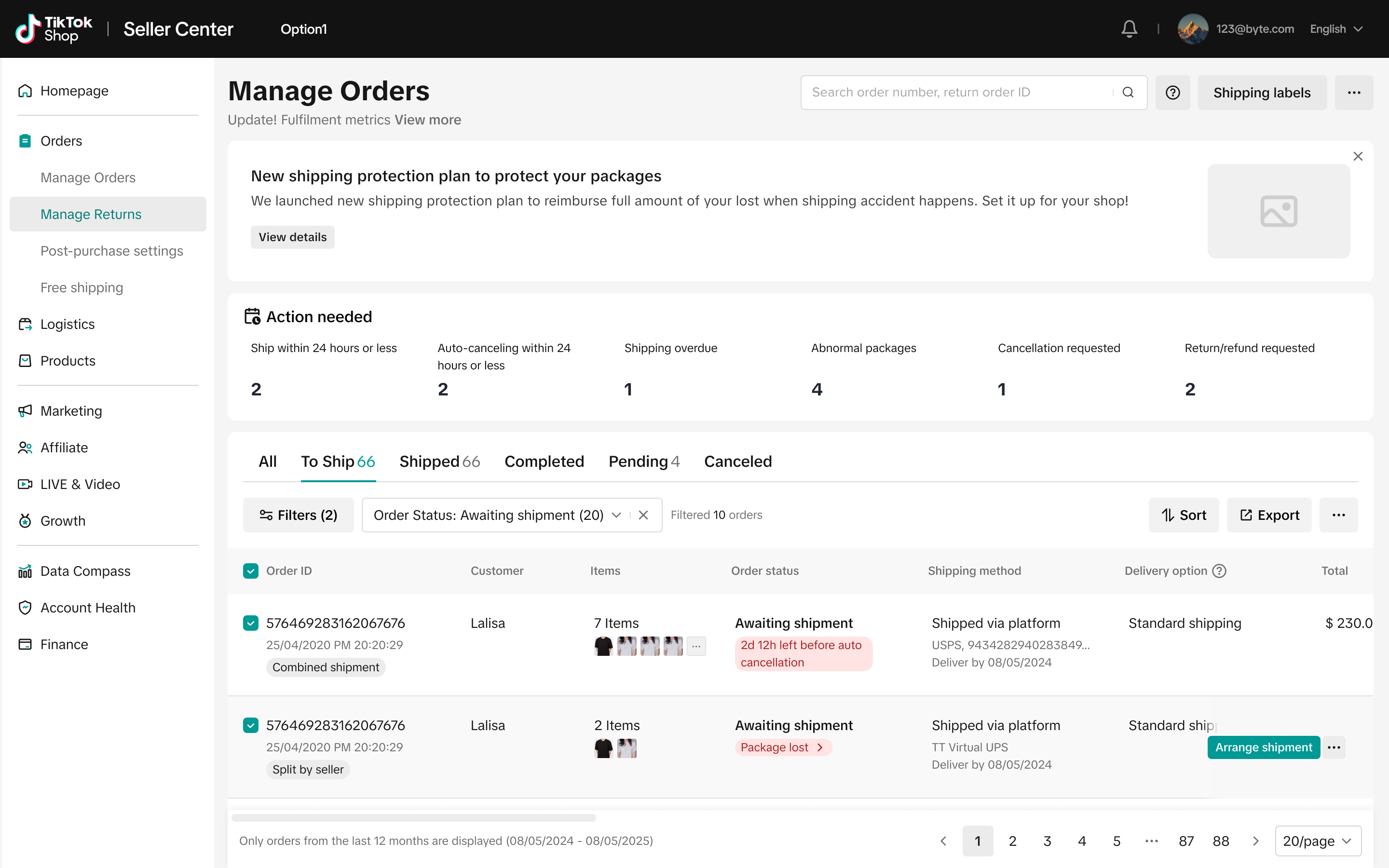 TikTok Shop Seller Center Manage Orders 页面中的 shipping protection 入口横幅
