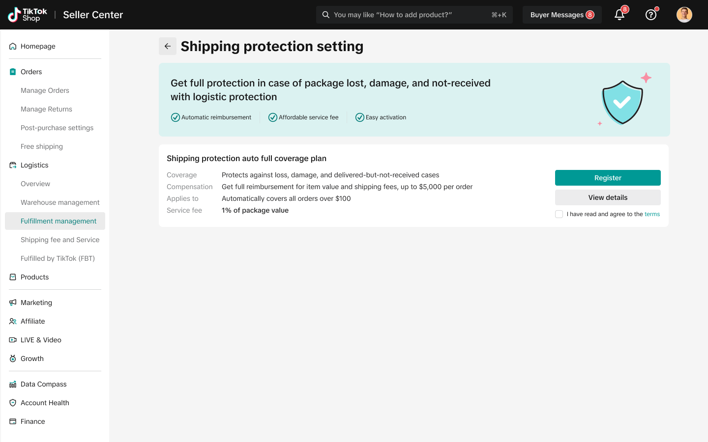 Shipping protection setting 方案列表页，展示覆盖、赔付、适用订单和服务费