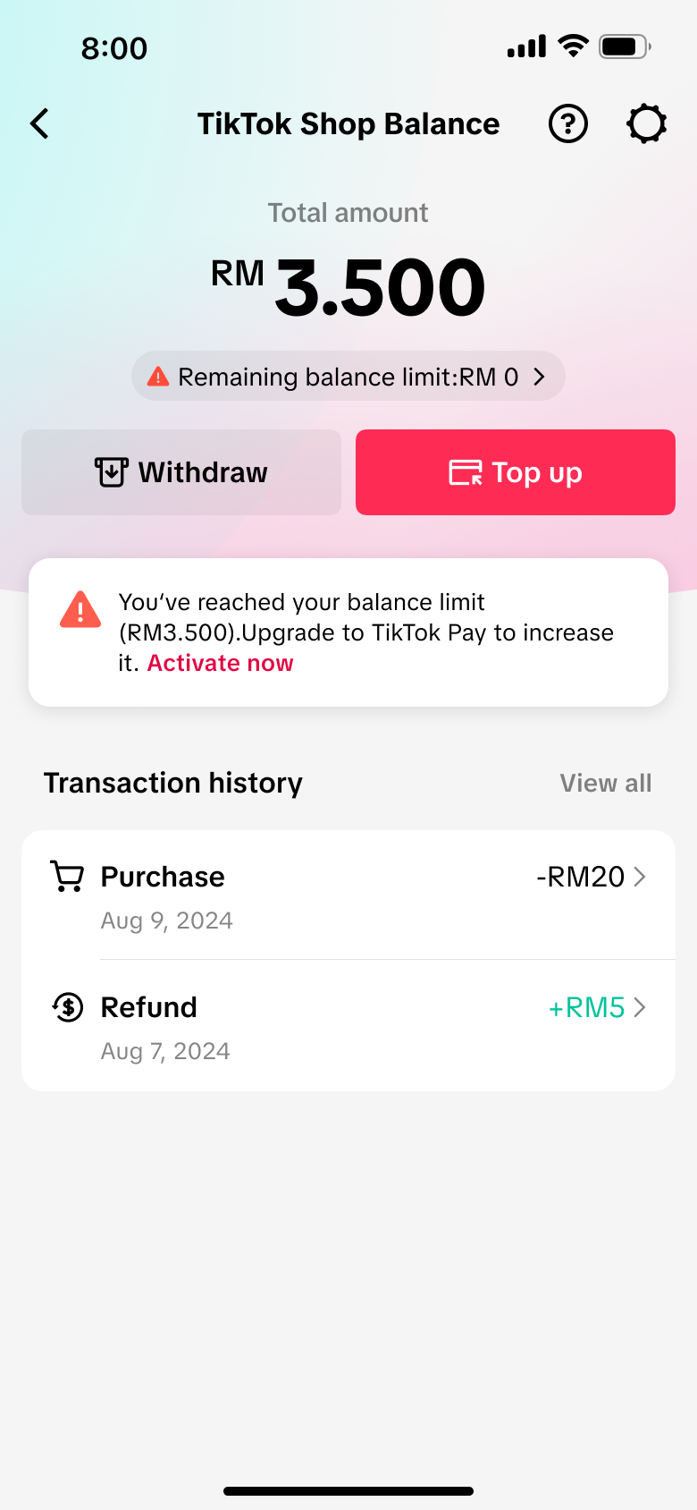 Wallet balance limit state