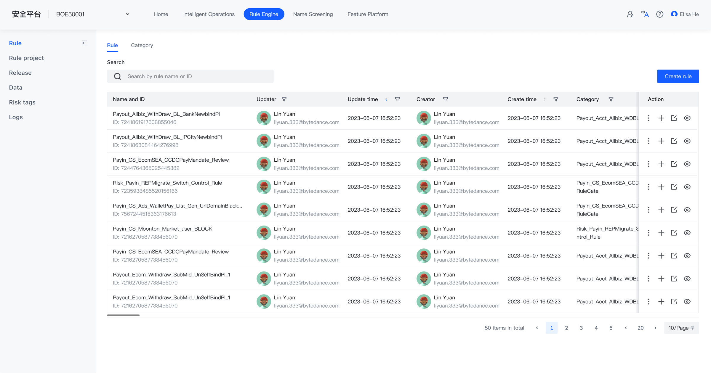 REP rule workspace with ownership, Category, status and actions