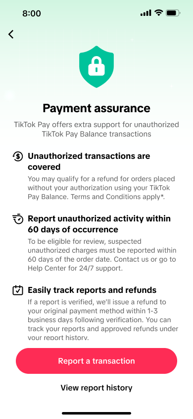 TikTok Pay 安全保障信息页面