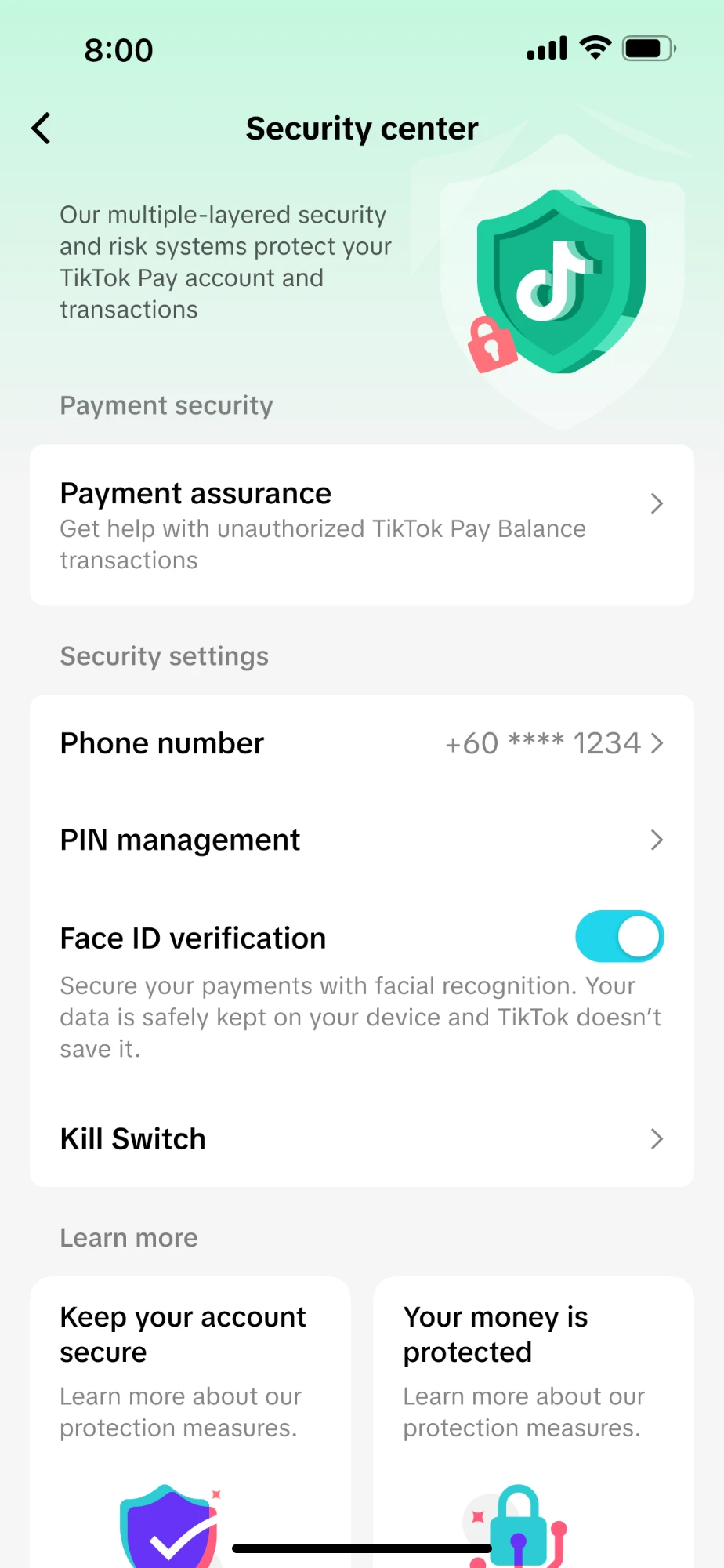 TikTok Pay security centre